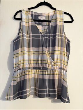 LOFT Plaid Sleeveless Peplum Top in Yellow, Gray & Cream